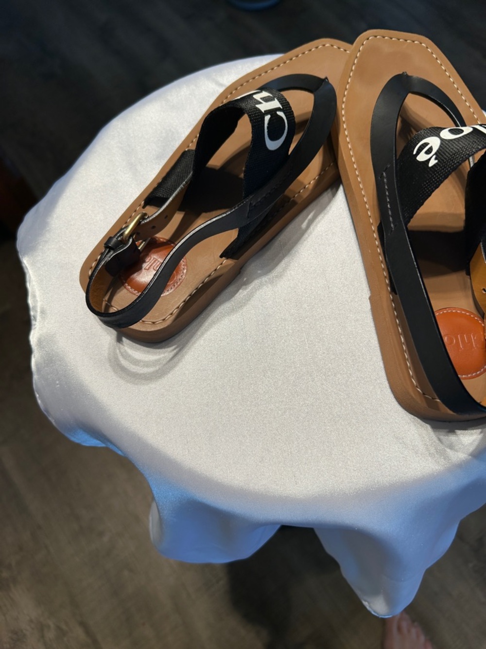 Chloe Logo Black & Tan “Woody” Leather Sandals - Picture 5 of 6